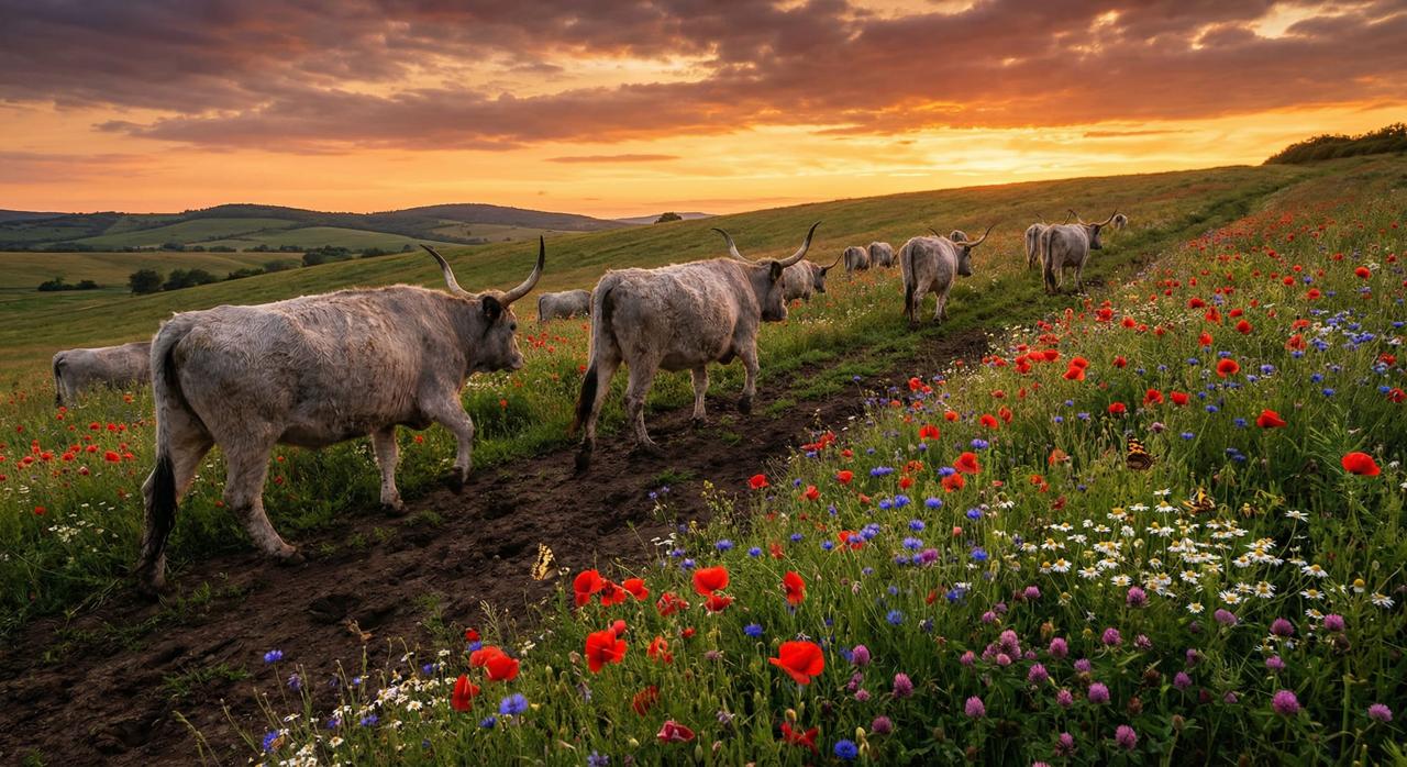 Szarvasmarhák virágos réten naplementekor — Remény Farm